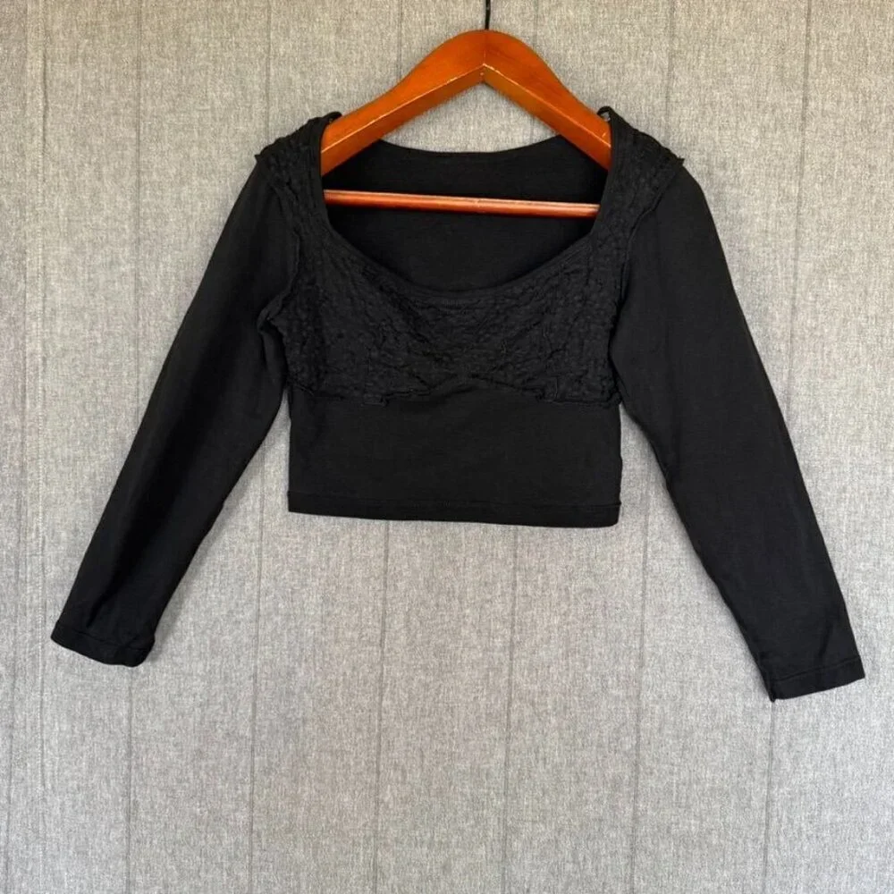 80s Rare Vintage Contempo Casuals Beaded Bust Black Long Sleeve Crop Top Size M